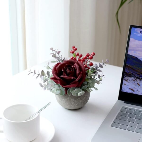 7c5cc7eed8dd4398 Artificial Flowers Kit with Pot, Combination of Fake Silk Burgundy Red Roses and Greenery,Small Plant Potted Decor for Offices,Bookshelf,Bedroom, Living Room,Party,Wedding Decorations…