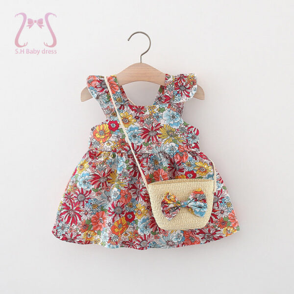 7c7ef0460cc96a94 2Pcs/Set Summer Baby Girl Dress Soft Thin Clothes Fashion Floral Sleeveless Children Clothing 0-3 Y Toddler Beach Dresses + Bag