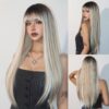 7c807472db36fc66 FERRE Black Pink Ombre Synthetic Cosplay Long Straight Layered Wigs with Bangs for Women Heat Resistant Fake Hair