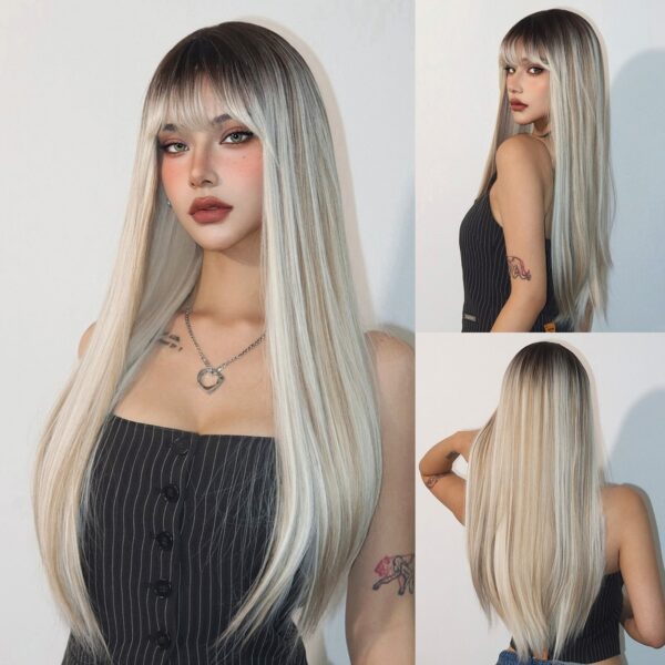 7c807472db36fc66 FERRE Black Pink Ombre Synthetic Cosplay Long Straight Layered Wigs with Bangs for Women Heat Resistant Fake Hair