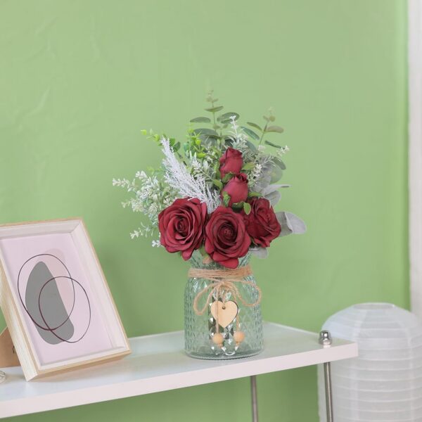 Faux Flowers with Vase,Artificial Silk Roses in Vase, Fake Plant Eucalyptus Flower Arrangement for Home Office Farmhouse Bathroom Dining Table Centerpiece Decorations Coffee Table Decor (Burgundy)