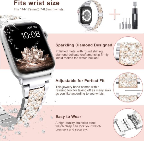 LELONG Compatible with Apple Watch Band 38mm 40mm 41mm Series 9 Series 8 7 6 5 4 3 2 1 SE Ultra, Bling Replacement Bracelet iWatch Band, Diamond Rhinestone Stainless Steel Metal Wristband Strap