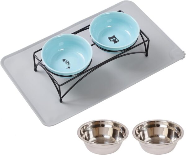 7d71c22630e17623 FOREYY Elevated Cat Bowls with 2 Ceramic Bowls and 2 Stainless Steel Bowls,Raised Cat Food Water Bowl with Iron Stand,Porcelain Pet Dishes for Cats and Small Dogs,16 Ounces,Dishwasher Safe(Gray)
