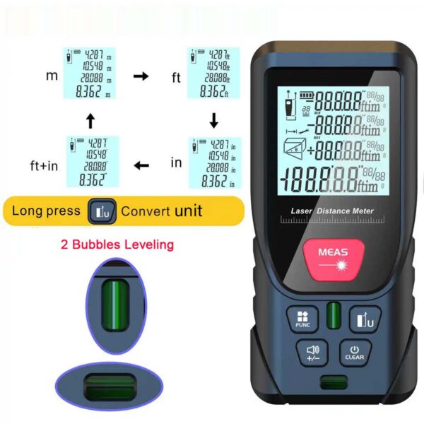 7d81549ec414a371 100m Distance Meter 50m Laser Rangefinders Digital Tape with Bubbles Leveling Handheld Trena Range Finder Measurer Ruler
