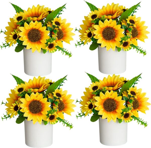 XONOR Artificial Flowers - Set of 4 Mini Fake Potted Silk Daisy Flowers for Home Decor Wedding Office Tabletop Decoration