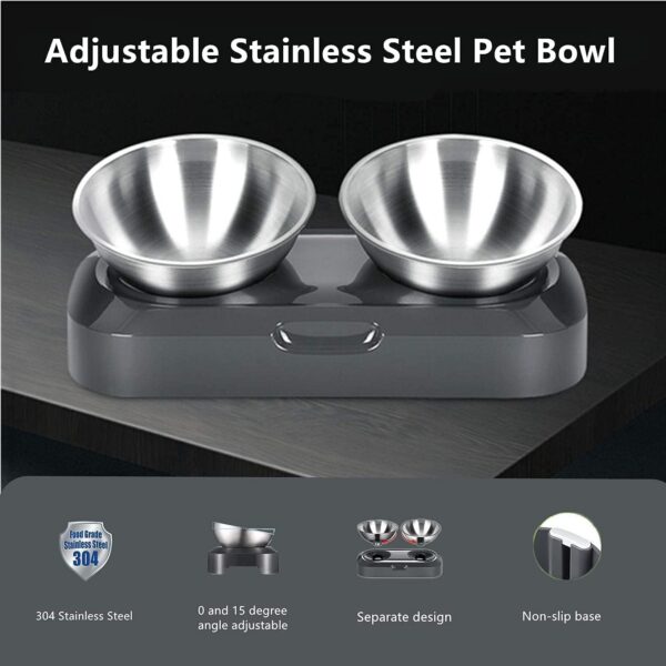 Raised Cat Bowl with Stainless Steel, Non-Slip Silicone Mat & Raised Cat Feeder with 15° & 0° Tilting Neck Protective Bowl for Pets, Cats Food and Water Feeding