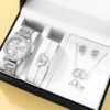 7e11f29fcca1528b 6PCS Set Rose Gold Watch Women Ring Necklace Earring Rhinestone Fashion Wristwatch Casual Ladies Bracelet Watches