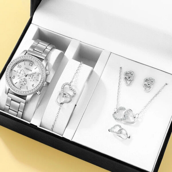 7e11f29fcca1528b 6PCS Set Rose Gold Watch Women Ring Necklace Earring Rhinestone Fashion Wristwatch Casual Ladies Bracelet Watches