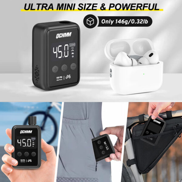 Mini Electric Pump with Digital LCD Pressure Gauge, Ultra Small 120 PSI Bicycle Air Pump, 500 mAh, Type-C
