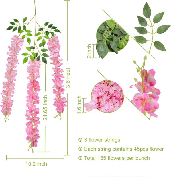 U'Artlines 12 Pack (Total 43.2 Feet) Artificial Fake Wisteria Vine Rattan Hanging Garland Silk Flowers String Home Party Wedding Decor (12, Pink)