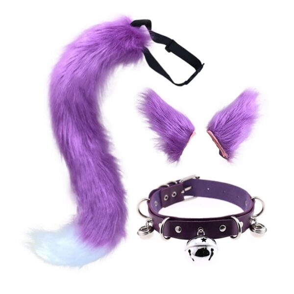QinRuan Cat Ears and Wolf Fox Animal Tail Cosplay Costume Faux Fur Hair Clip Headdress Halloween Leather Neck Chocker Set (3-Blackwhite)