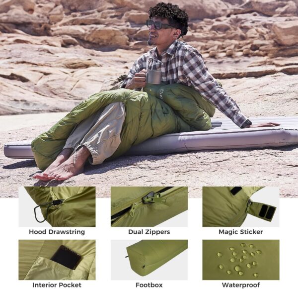 ATEPA Daunenschlafsack Camping, 650FP Mumienschlafsack leicht, 3-in-1 Schlafsack Outdoor Erwachsene, 3 Jahreszeiten warm, wasserabweisend, ideal für Erwachsene bei Reisen, Abenteuern und Camping