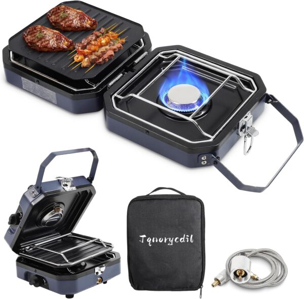 7fb1f16a2bc50553 2025 Upgraded 2-Burner Folding Propane Camp Stove - 16K BTU Portable Camping Stove w/Piezo Ignition, Griddle & Carry Bag for Tailgating, Barbecue (Blue)