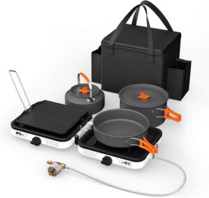 7fe3c41a1a0690fe Hisencn Portable Camping Stove, 2 Burner Foldable Camp Stove, 20000 BTU Folding Gas Stove, Portable Propane Stove with Carry Bag, Adjustable Burners & Piezo Ignition, Includes Frying Pan, Kettle, Pot