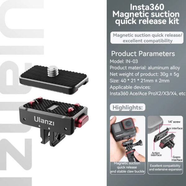 81a1cb769db327da Ulanzi IN01 Magnetic Quick Release Mount Kit for Insta360 X4/X3/ONE X2/X/ GoPro Hero 13 with 1/4" Screw Action Camera Interface