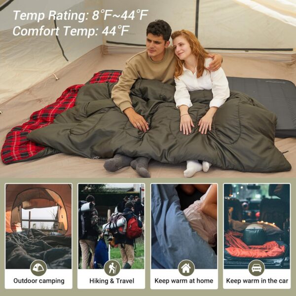 KingCamp Double Sleeping Bag for Adults, Queen Size 2 Person XXL Flannel Sleeping Bag, Waterproof Lightweight Flannel Quilt with 2 Pillows, Perfect for Couples Family Camping Hiking