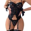 81d66104627c0410 WDIRARA Women's Sexy Floral Lace Garter Bustier Lingerie Set with 1Pair Fishnet Stocking