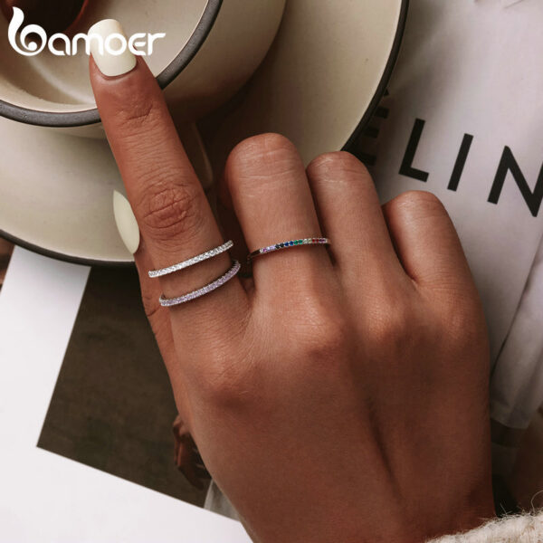BAMOER Sterling Sier CZ Simulated Diamond Stackable Ring Platinum Plated Eternity Bands for Women
