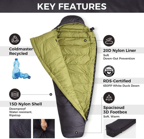 ATEPA Daunenschlafsack Camping, 650FP Mumienschlafsack leicht, 3-in-1 Schlafsack Outdoor Erwachsene, 3 Jahreszeiten warm, wasserabweisend, ideal für Erwachsene bei Reisen, Abenteuern und Camping