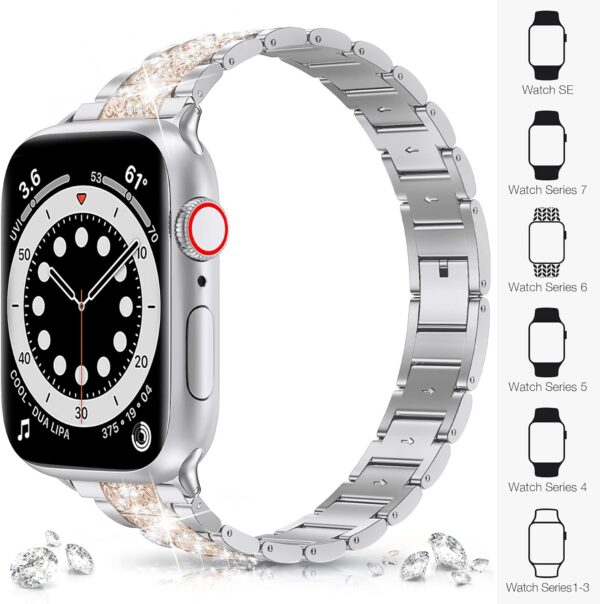 LELONG Compatible with Apple Watch Band 38mm 40mm 41mm Series 9 Series 8 7 6 5 4 3 2 1 SE Ultra, Bling Replacement Bracelet iWatch Band, Diamond Rhinestone Stainless Steel Metal Wristband Strap