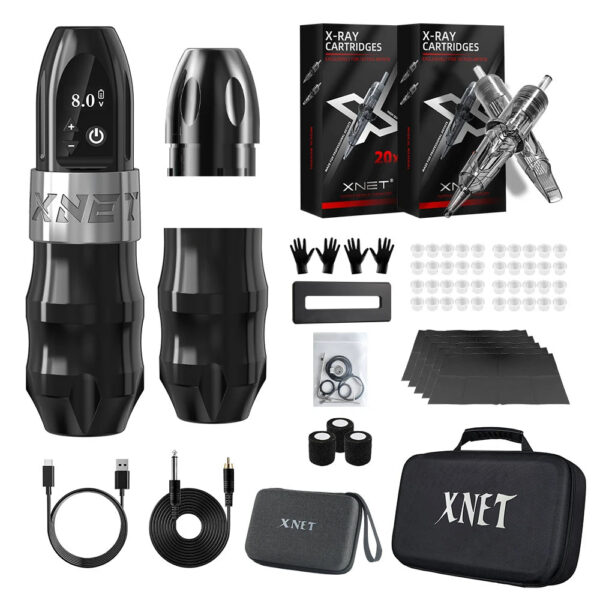 XNET Titan Wireless Tattoo Machine Kit with Extra 38mm Grip 2400mAh Battery 40pcs Mixed Tattoo Cartridge for Tattoo Artists