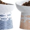 82ff38b80421d80d TAMAYKIM Tilted Ceramic Raised Cat Bowls, 8 OZ Food and Water Bowls Set for Kitty, Porcelain Elevated Stress Free Feeding Pet Dish, Dishwasher and Microwave Safe, 2 Pack (White & Grey)
