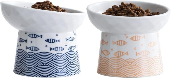 82ff38b80421d80d TAMAYKIM Tilted Ceramic Raised Cat Bowls, 8 OZ Food and Water Bowls Set for Kitty, Porcelain Elevated Stress Free Feeding Pet Dish, Dishwasher and Microwave Safe, 2 Pack (White & Grey)