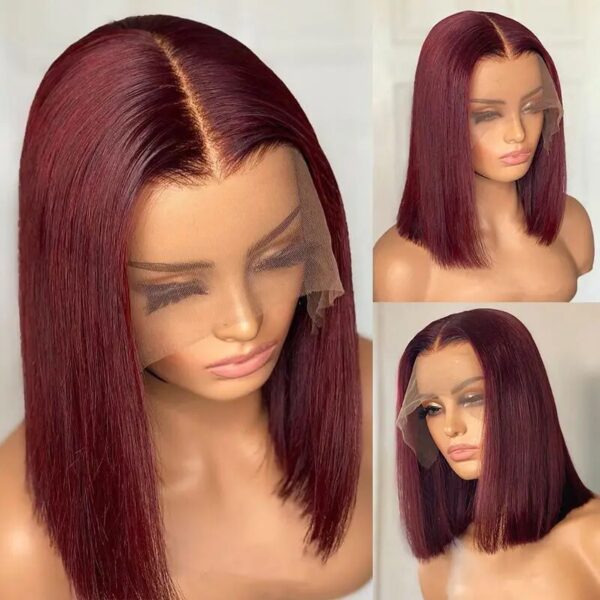 13x4 99J Short Wig Human Hair Dark Red Bury Color Full Frontal Bob Wigs Blunt Cut Bone Straight Front For Black Woman