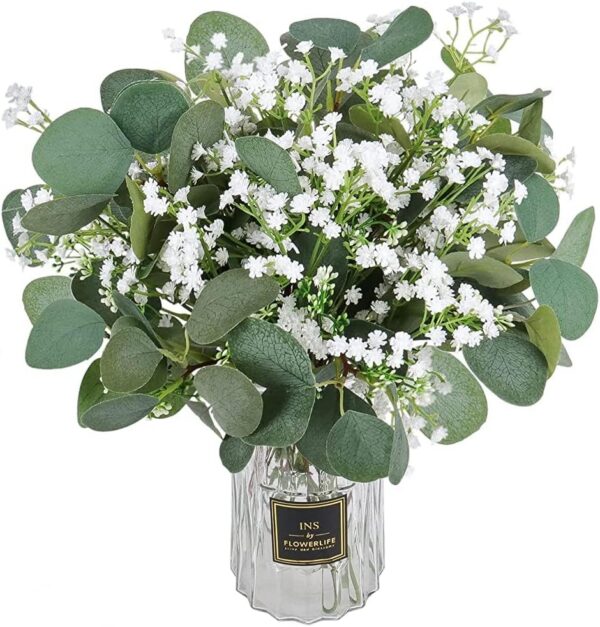 18pcs Babys Breath Eucalyptus Leaves Bouquet Blue Gypsophila Artificial Flowers and Faux Greenery for Home Decor