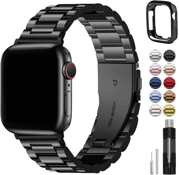 84021d38aed8e234 Fullmosa Compatible Apple Watch Bands 41mm 40mm 38mm, Stainless Steel iWatch Band with Case for Apple Watch Ultra2/Ultra Series 9/8/7/6/5/4/3/2/1/SE/SE2, Rose Gold(Short)