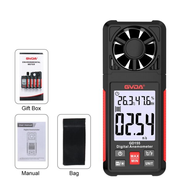 GVDA Digital Anemometer Handheld Meter GD155 for Measuring Speed Temperature and Wind Chill with Backlight LCD