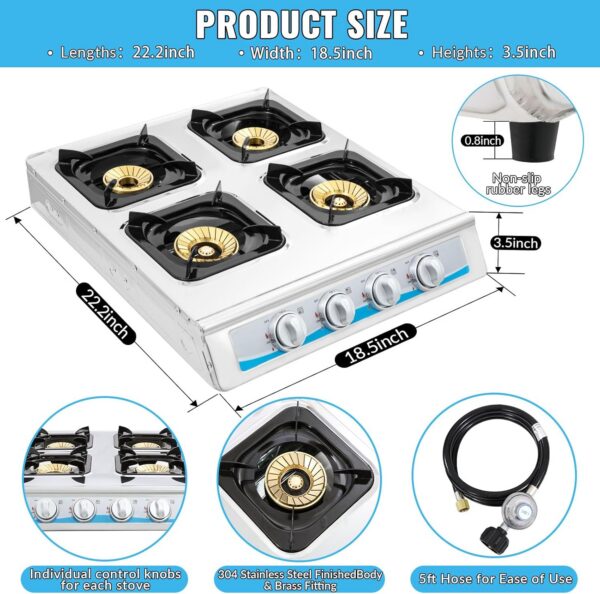 Propane Gas Stove,4 Burner Gas StovePortable Gas Stove Auto Ignition Camping Stainless Steel Stove 4 Burner LPG for RV, Apartment,Outdoor