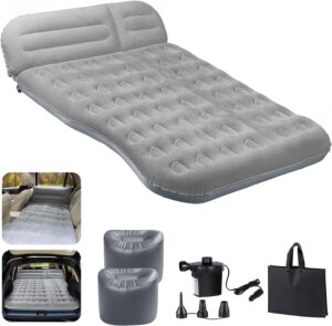 SUV Air Mattress， Thickened Flocked Camping Bed for Car Trunk & Back Seat ， Includes Electric Pump & 2 Foot Pedals ， Portable Inflatable car Mattress (Gray)