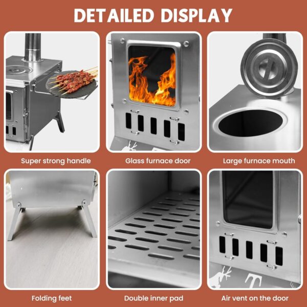 8448b0c2dcb563fa WUDLEP Tent Camping Stove, Tent Stove Wood Burning Stoves, Portable Stainless Steel Tent Wood Stoves with Chimney Pipes Portable Camping Cookware for Camping Heating Lodging Cooking