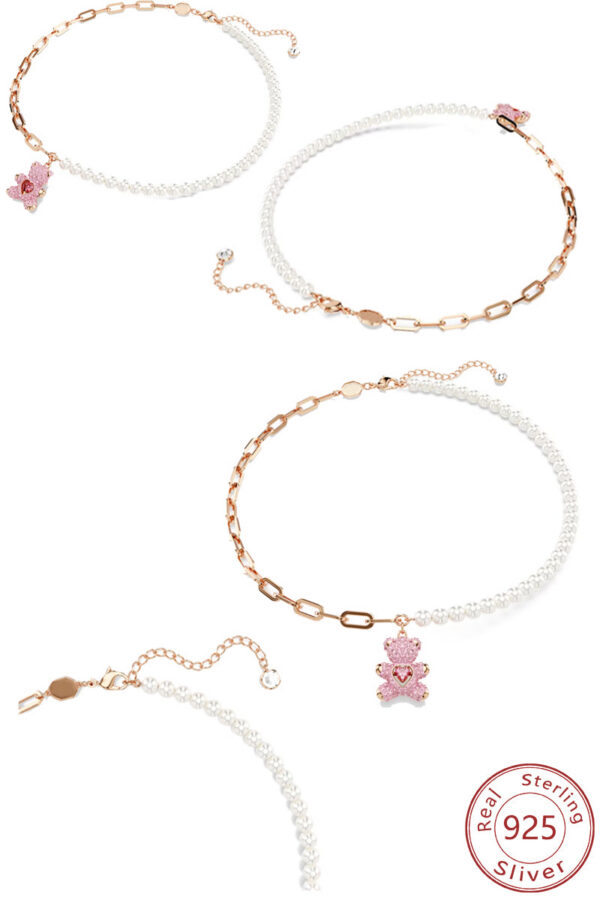 New Sier Jumping Pink Teddy Bear Pendant 3D Full Diamond Necklace