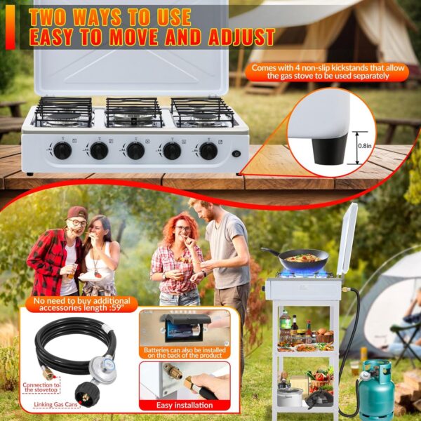 5 Burner Propane Gas Stove,400000BTU Portable Gas Stove with Support Leg Stand and Wind Blocking Cover Adapter Auto Ignition Camping Stove,propane burner for RV, Apartment, Outdoor Cooking