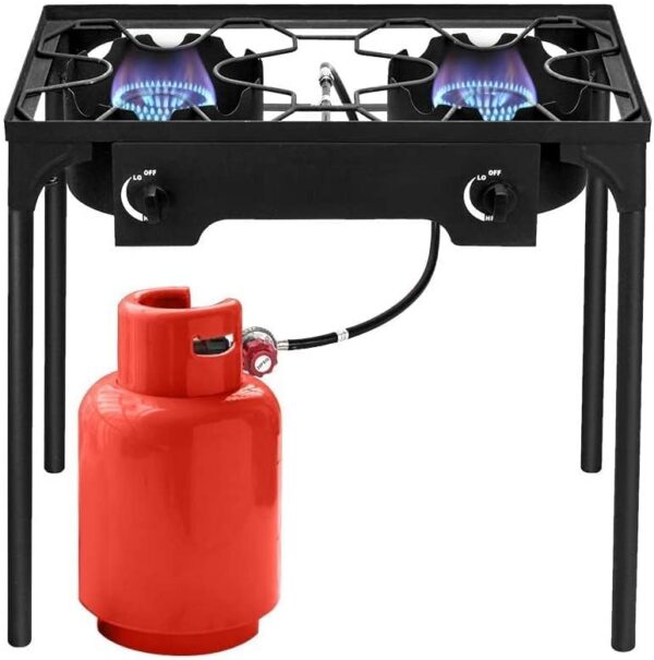 Bonnlo 3 Burner Outdoor Portable Propane Stove Gas Cooker, Heavy Duty Iron Cast Patio Burner with Detachable Stand Legs for Camp Cooking (3-Burner 225,000-BTU)