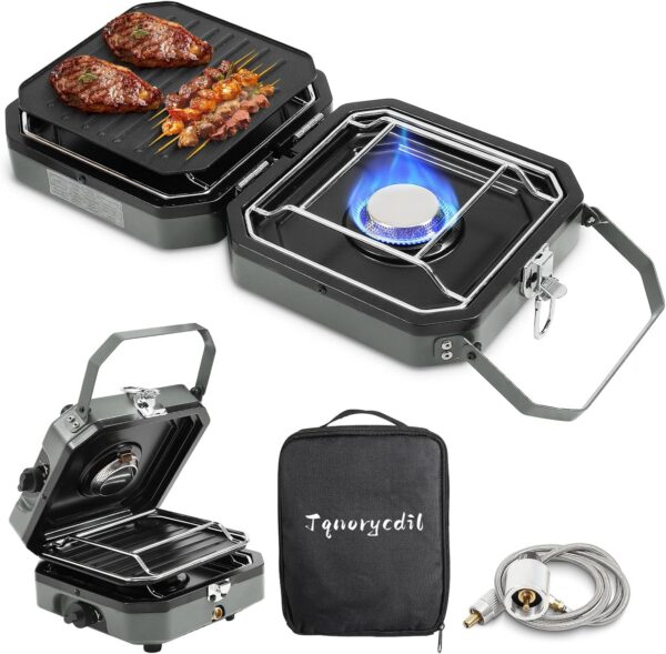84ebb96825d9eb03 2025 Upgraded 2-Burner Folding Propane Camp Stove - 16K BTU Portable Camping Stove w/Piezo Ignition, Griddle & Carry Bag for Tailgating, Barbecue (Blue)