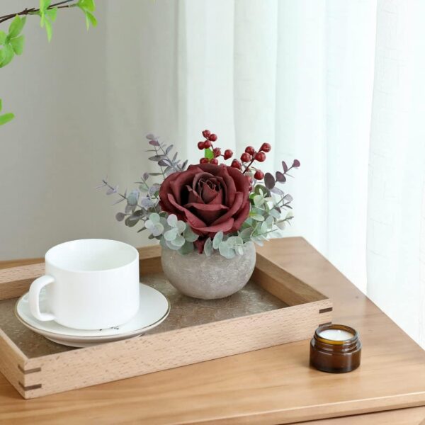 84f694dc5facc6e3 Artificial Flowers Kit with Pot, Combination of Fake Silk Burgundy Red Roses and Greenery,Small Plant Potted Decor for Offices,Bookshelf,Bedroom, Living Room,Party,Wedding Decorations…