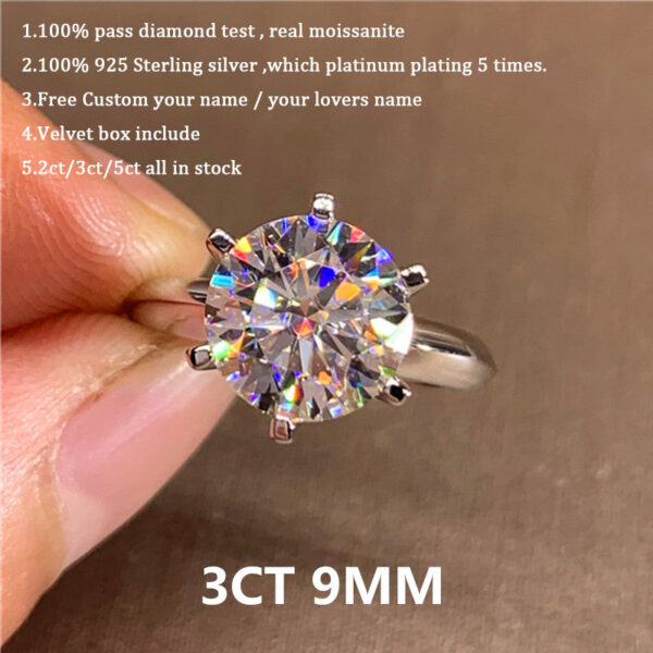 Classic 6 Prongs 5 Carat Round Moissanite Ring Sterling Sier Plated 14K Gold High Clarity D Color Diamond Rings Woman Jewelry