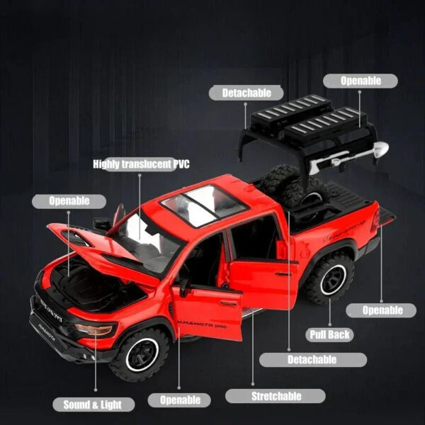 1:32 Dodge RAM Mammoth Pickup Truck Off Road Alloy Model Sound & Light Pull Back Collection Gift For Boys Children Kid