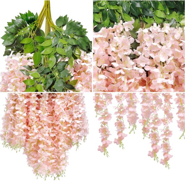 U'Artlines 12 Pack (Total 43.2 Feet) Artificial Fake Wisteria Vine Rattan Hanging Garland Silk Flowers String Home Party Wedding Decor (12, Pink)