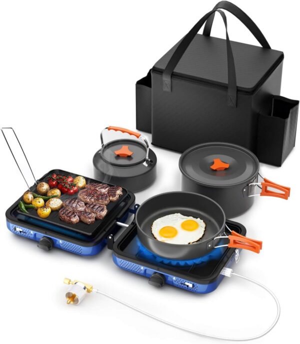 86788f84ba73e428 Hisencn Portable Camping Stove, 2 Burner Foldable Camp Stove, 20000 BTU Folding Gas Stove, Portable Propane Stove with Carry Bag, Adjustable Burners & Piezo Ignition, Includes Frying Pan, Kettle, Pot