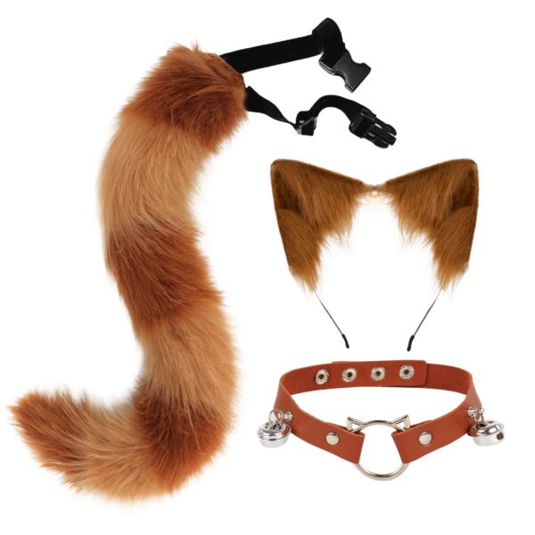 QinRuan Cat Ears and Wolf Fox Animal Tail Cosplay Costume Faux Fur Hair Clip Headdress Halloween Leather Neck Chocker Set (3-Blackwhite)