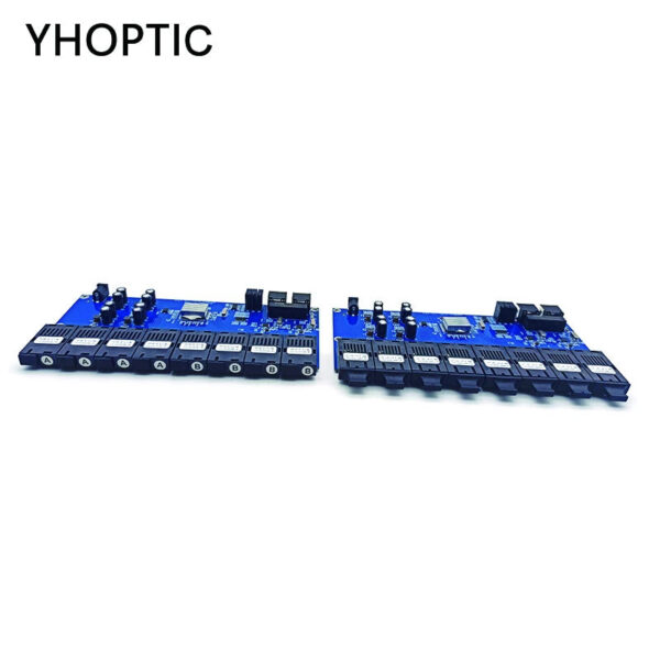 Single Mode Fiber Optic Convertor, PCBA Board, 8 Fiber Optic Ports, 2 RJ45 Port, 0-20KM, 1310/1550