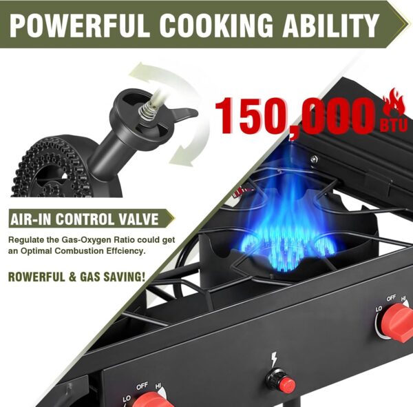 8703c038a227234a 2 Burner Gamping Stove with Windpanel& Side Shelves, Bag, Auto Ignition Button,Regulator,150,000 BTU Camping Stove Propane Burner for Outdoor BBQ&Backyard Cooking Camping Home