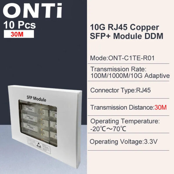 ONTi 10G RJ45 Copper SFP+ Module 10GBase-Tx Ethernet Fiber Optic FTTH Compatible with Cisco/Mikrotik Switch 30m / 80m