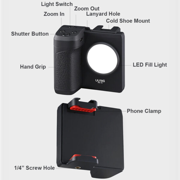 UURIG PH-10 Wireless Handle G rip Holder Stabilizer Smartphone Vlog Remote Control 1/4"LED Light for i Phone Android