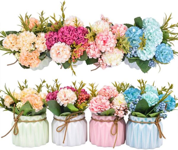 XONOR Artificial Flowers - Set of 4 Mini Fake Potted Silk Daisy Flowers for Home Decor Wedding Office Tabletop Decoration