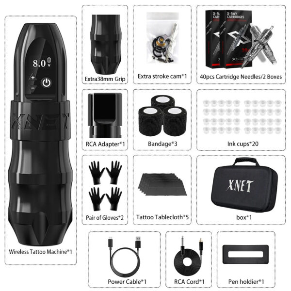 XNET Titan Wireless Tattoo Machine Kit with Extra 38mm Grip 2400mAh Battery 40pcs Mixed Tattoo Cartridge for Tattoo Artists